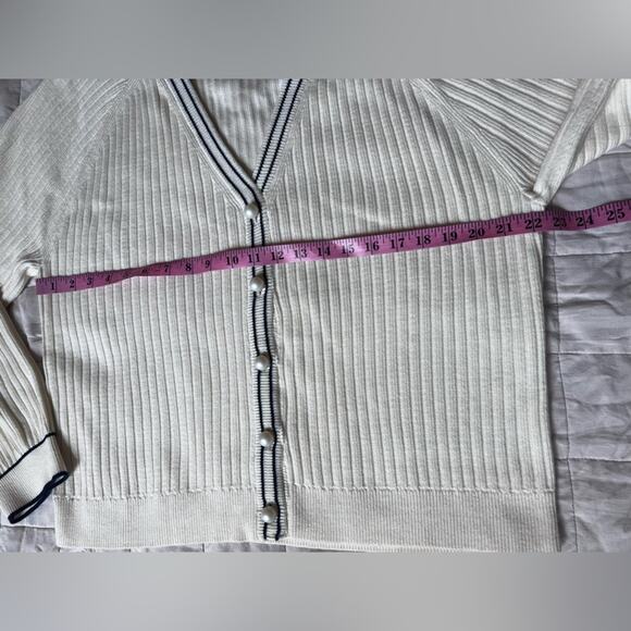 Talbots Cream Navy Trim V Neck Rib Knit Cardigan Sweater Old Money Preppy - XL - Picture 5 of 9